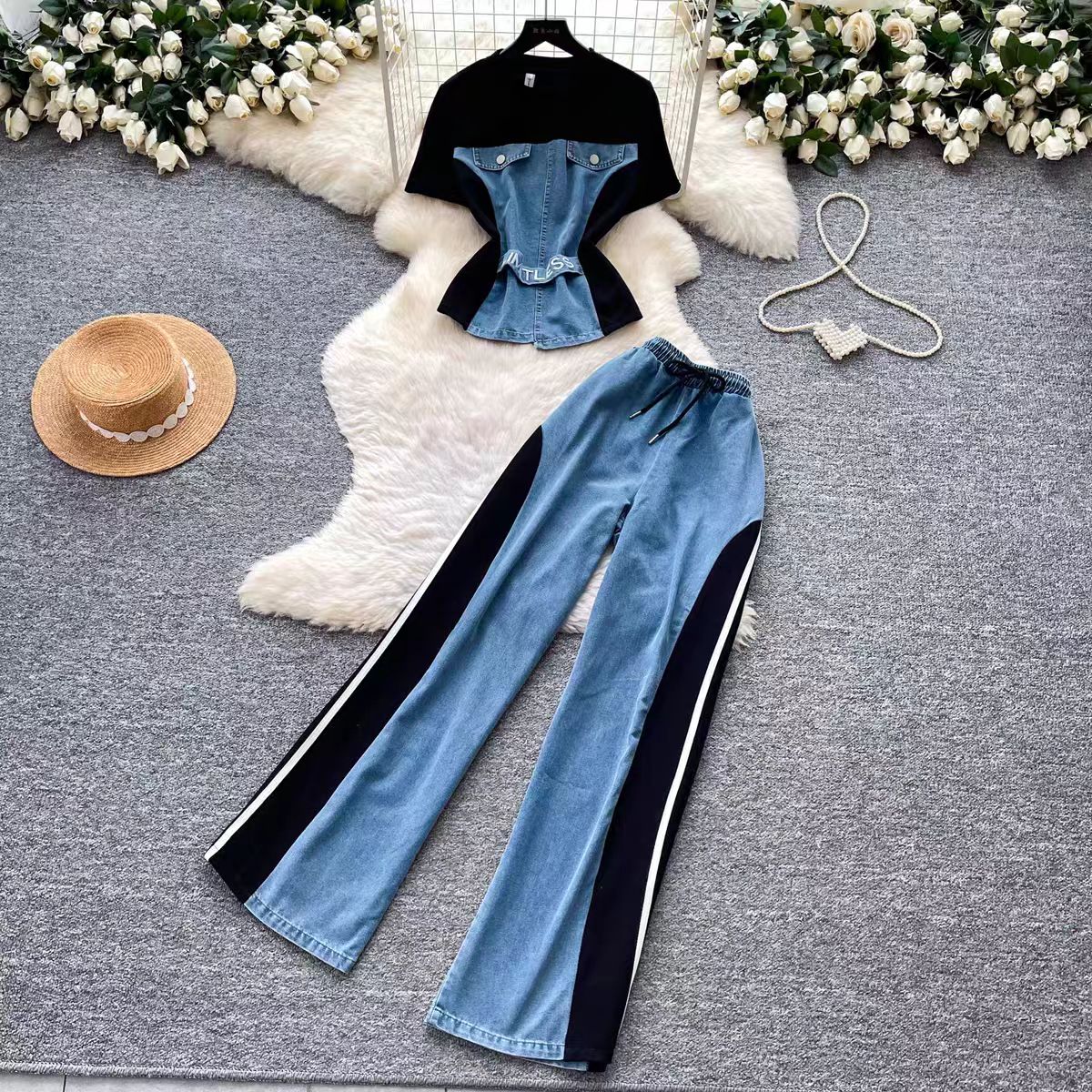 Hong Kong style retro patchwork short sleeved denim suit for women's summer daily casual straight leg pants two-piece set for slimming wear Hong Kong style retro patchwork short sleeved denim suit for women's summer daily casual straight leg pants two-piece set for slimming wear