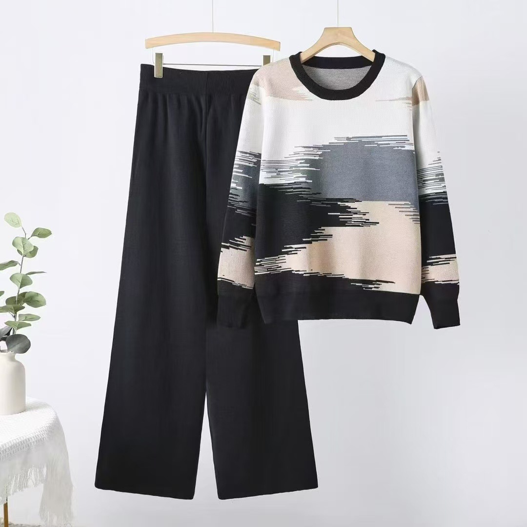 Cross border 2025 Spring and Autumn New Color blocked Round Neck Sweater Women's Set, Large Size for Slimming and Stylish Dressing, Knitted Two Piece Set