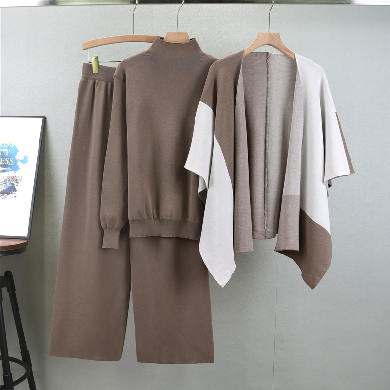 Leisure suit for women in spring and autumn, with a new style of elegant socialite and lazy style. Knitted sweater, shawl, cloak, wide leg pants, three piece set Leisure suit for women in spring and autumn, with a new style of elegant socialite and lazy style. Knitted sweater, shawl, cloak, wide leg pants, three piece set