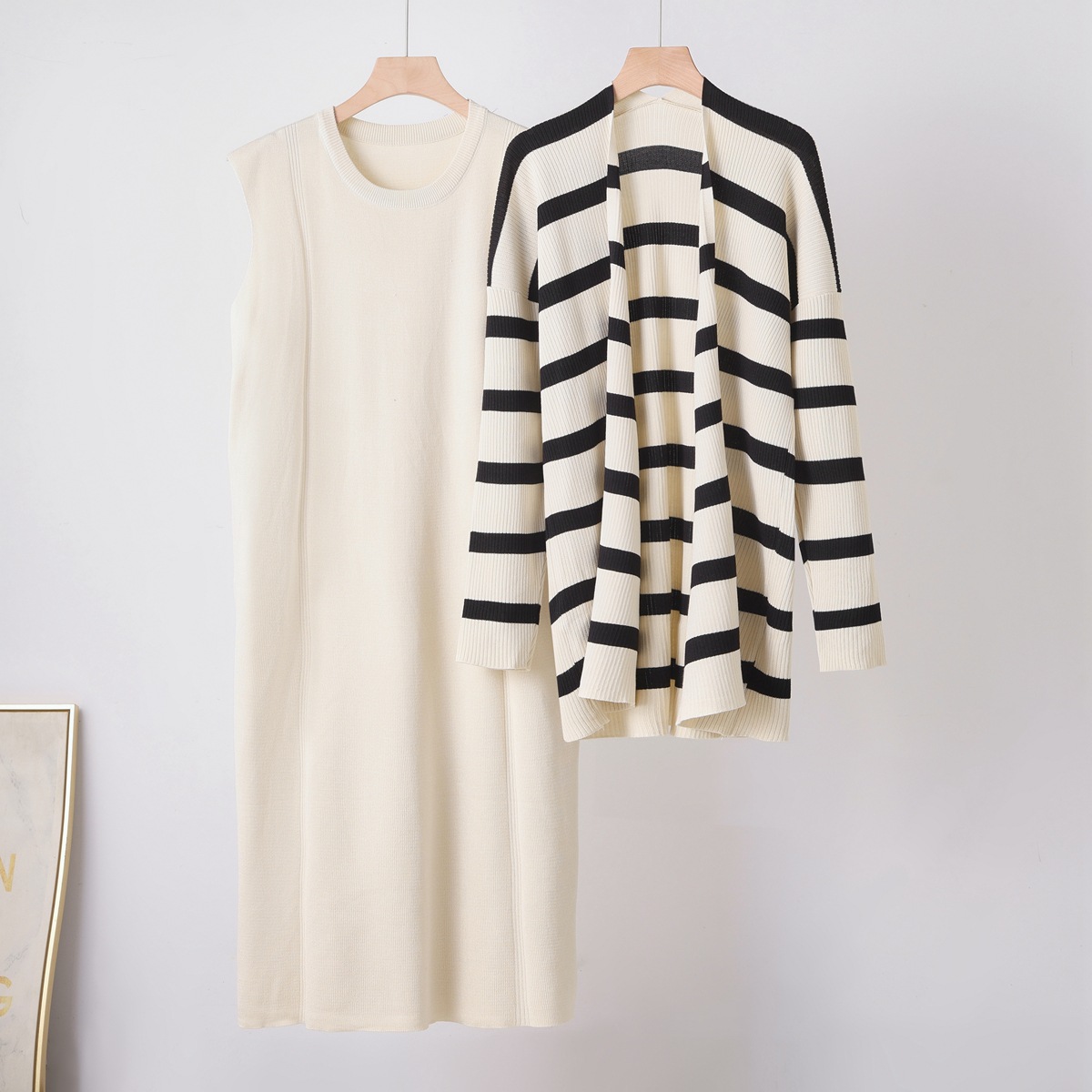 Cross border leisure foreign trade dress set for women's autumn loose medium long striped sweater dress knitted two-piece set