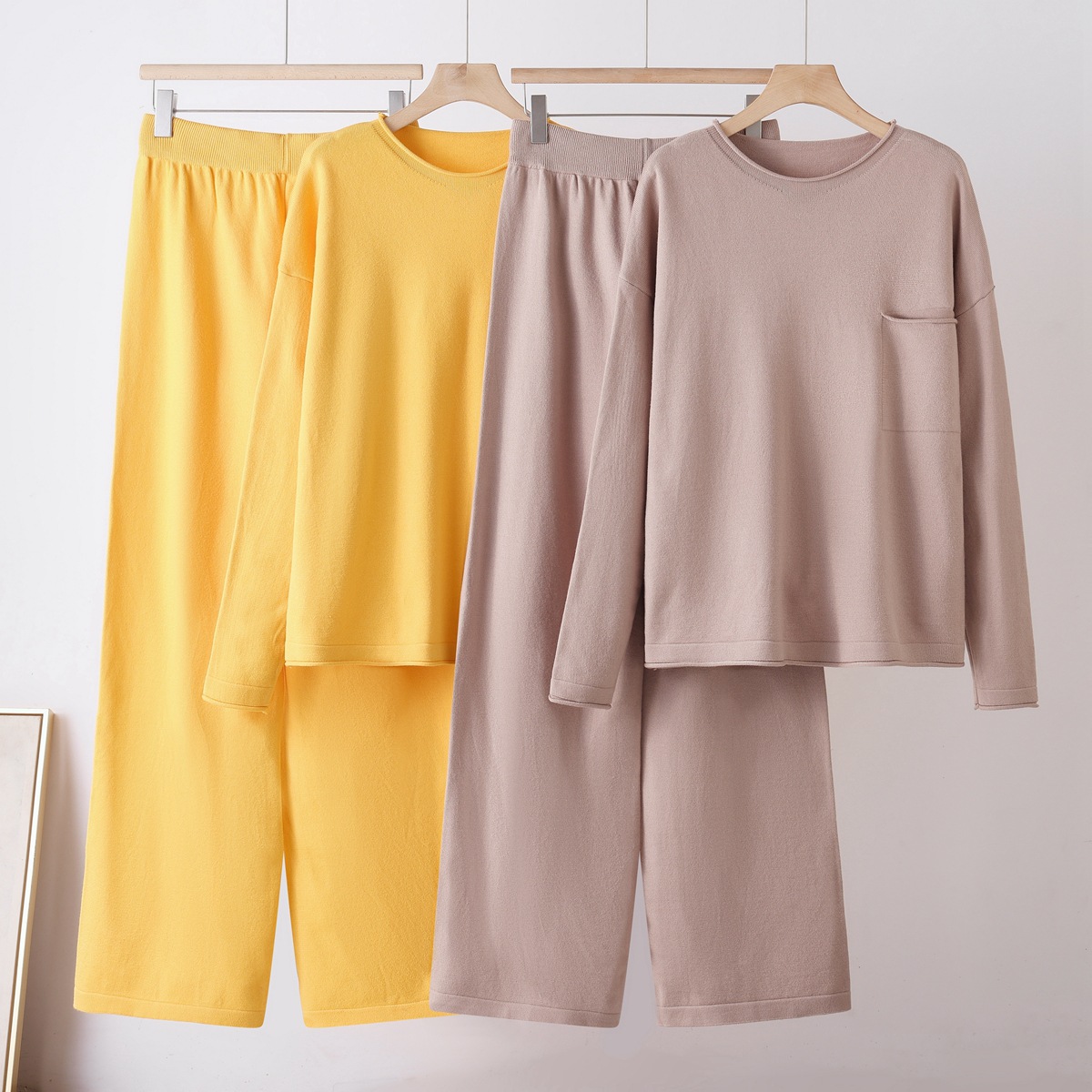 Cross border foreign trade solid color temperament knitted two-piece round neck pocket sweater+loose casual wide leg pants set for women