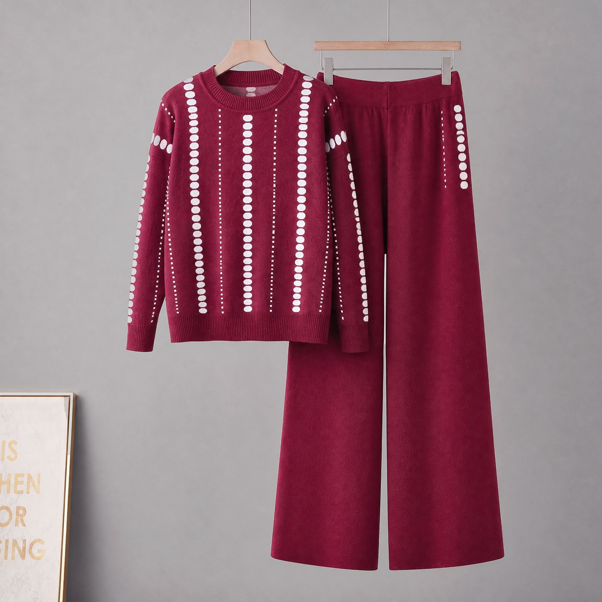 Cross border foreign trade solid color temperament knitted two-piece round neck pocket sweater+loose casual wide leg pants set for women Cross border foreign trade solid color temperament knitted two-piece round neck pocket sweater+loose casual wide leg pants set for women