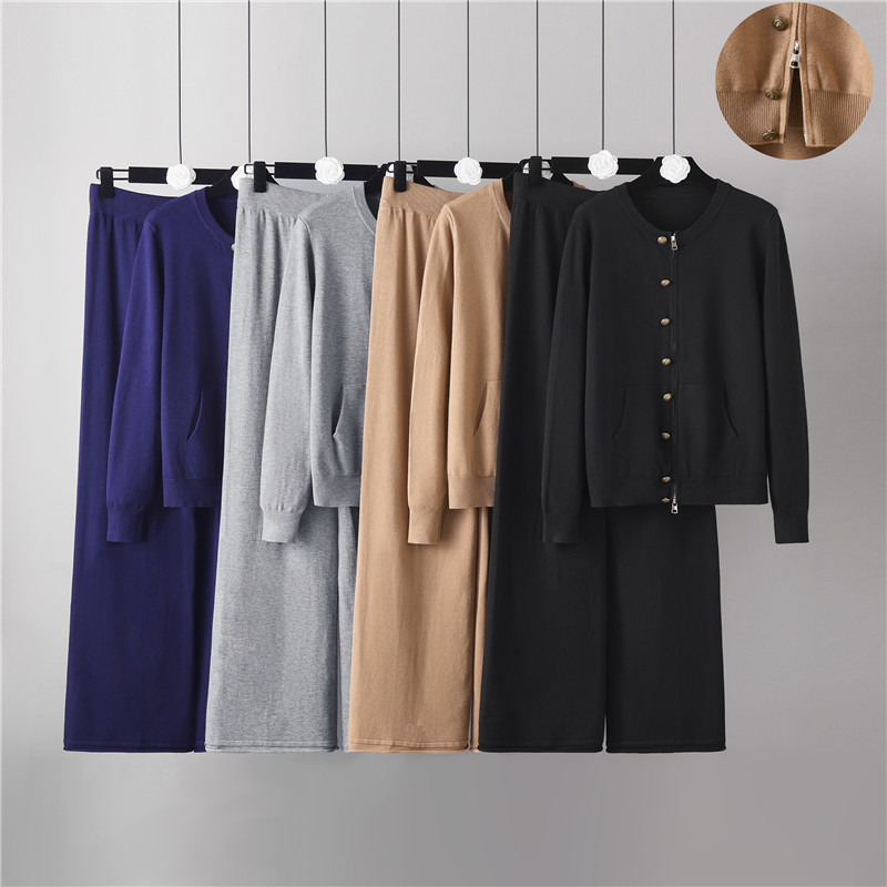 New Cross border Leisure Core spun Knitted Top Set for Autumn 2026, Women's Solid Color Look Thin Wear with Wide Leg Pants