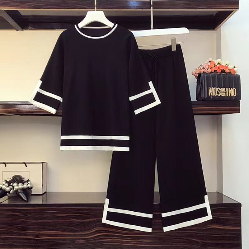 Big size women's chubby mm spring clothing, belly covering and age reducing set, chubby sister knitted split wide leg pants two-piece set
