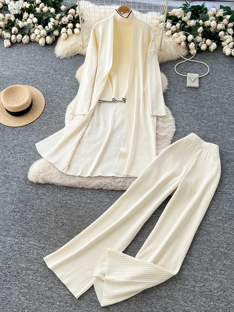 High end loose outer layer, mid to long knit cardigan base, high neck long sleeved sweater, high waist wide leg pants three piece set