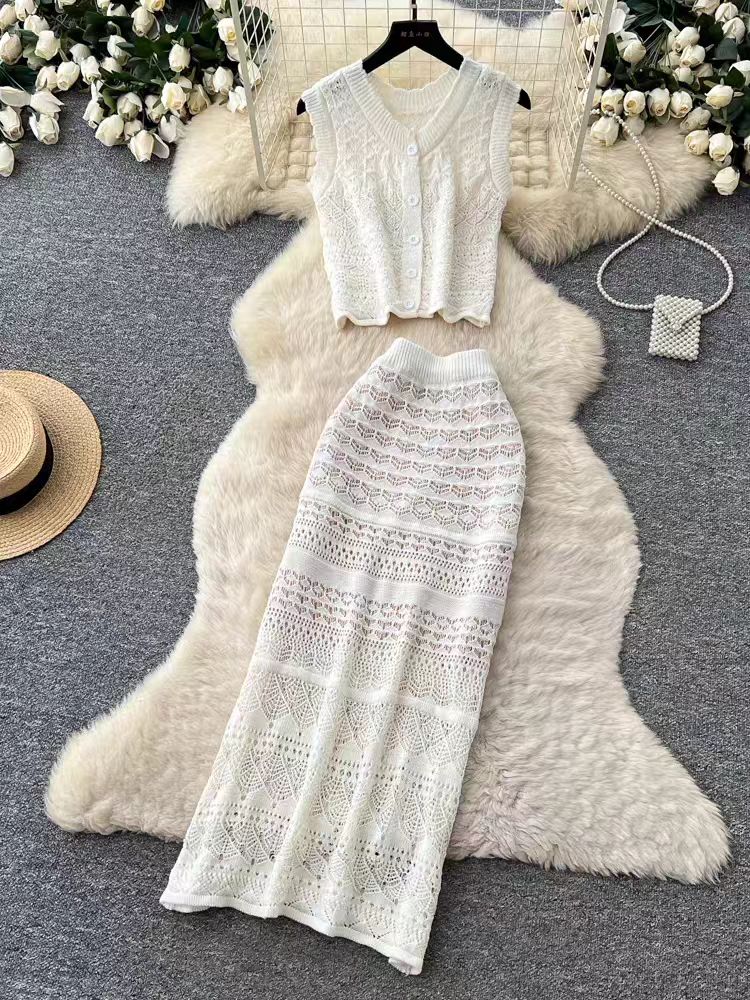 Vacation style hollow out slim fit lace two-piece set for women's summer high waist slimming vest and skirt temperament set
