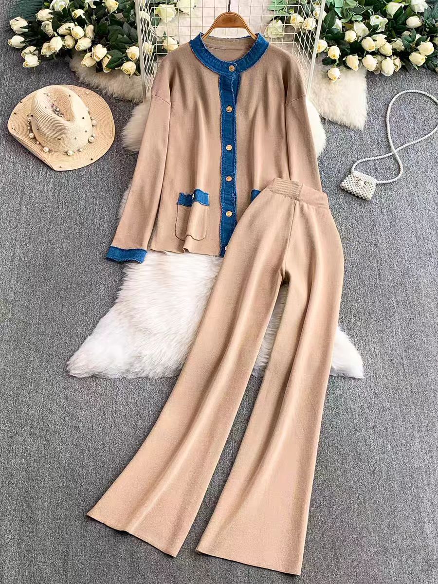 French socialite goddess style fashionable design denim patchwork knitted round neck jacket+high waist wide leg pants two-piece set French socialite goddess style fashionable design denim patchwork knitted round neck jacket+high waist wide leg pants two-piece set
