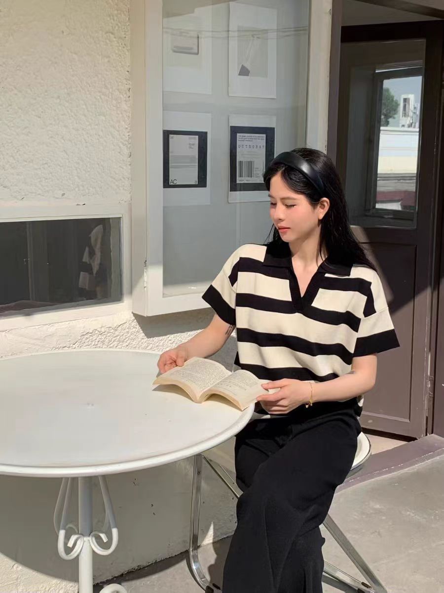 Spring and Autumn New Korean Color Contrast Stripe POLO Collar 1 Design Knitted Top+High Waist Wide Leg Pants Two Piece Set Spring and Autumn New Korean Color Contrast Stripe POLO Collar 1 Design Knitted Top+High Waist Wide Leg Pants Two Piece Set
