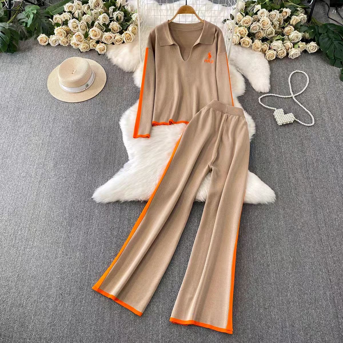 Leisure sports suit women's new embroidered round neck long sleeved knitted sweatshirt+high waist slimming two bar wide leg pants Leisure sports suit women's new embroidered round neck long sleeved knitted sweatshirt+high waist slimming two bar wide leg pants