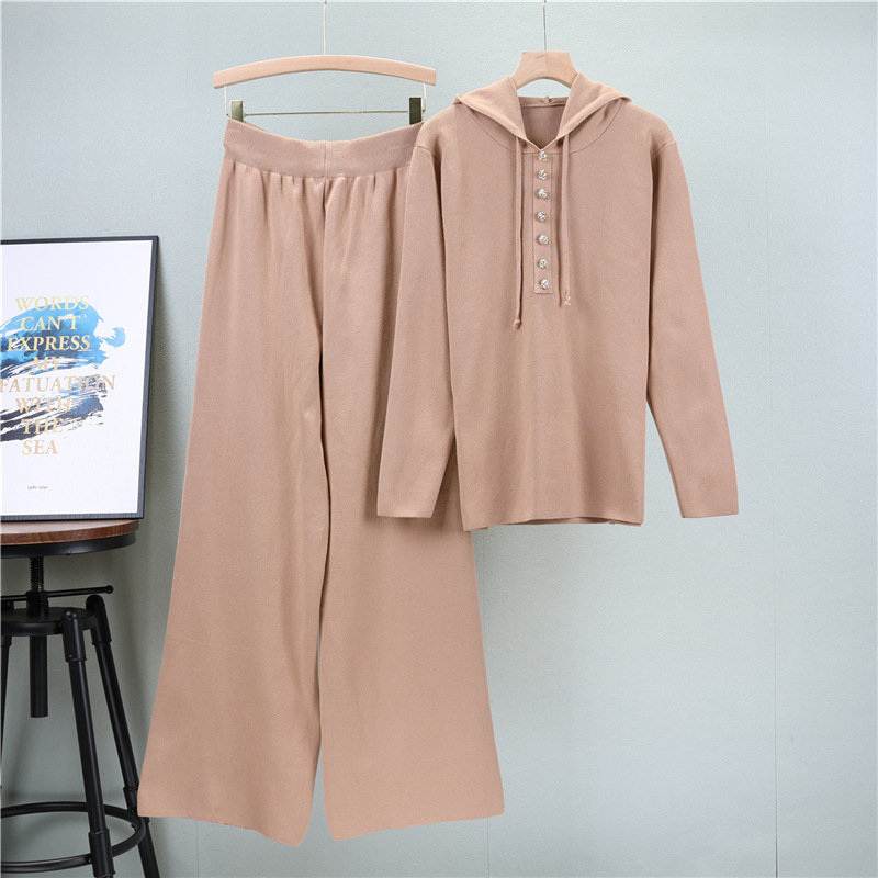 Cross border European Station Fashion Knitted Sweater Casual Sports Set Women's Autumn/Winter Hooded Top Wide Leg Pants Two Piece Set