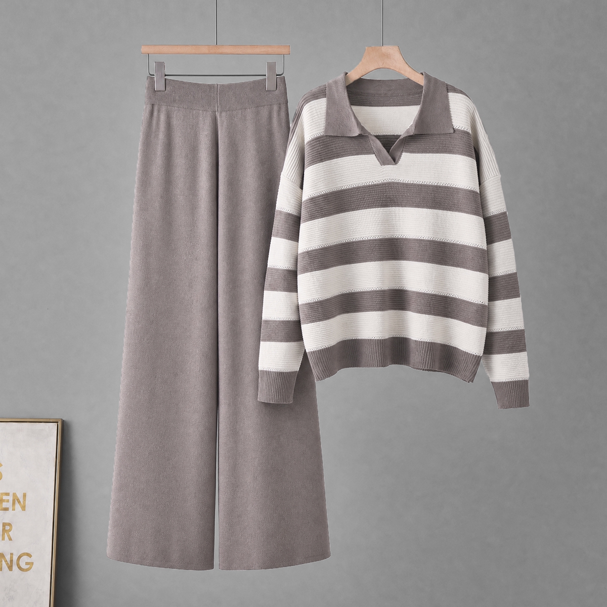 2026 Cross border Foreign Trade Retro Lazy Style Premium Soft Sticky Loose Stripe Collar Fashion Knitted Two Piece Set 2026 Cross border Foreign Trade Retro Lazy Style Premium Soft Sticky Loose Stripe Collar Fashion Knitted Two Piece Set