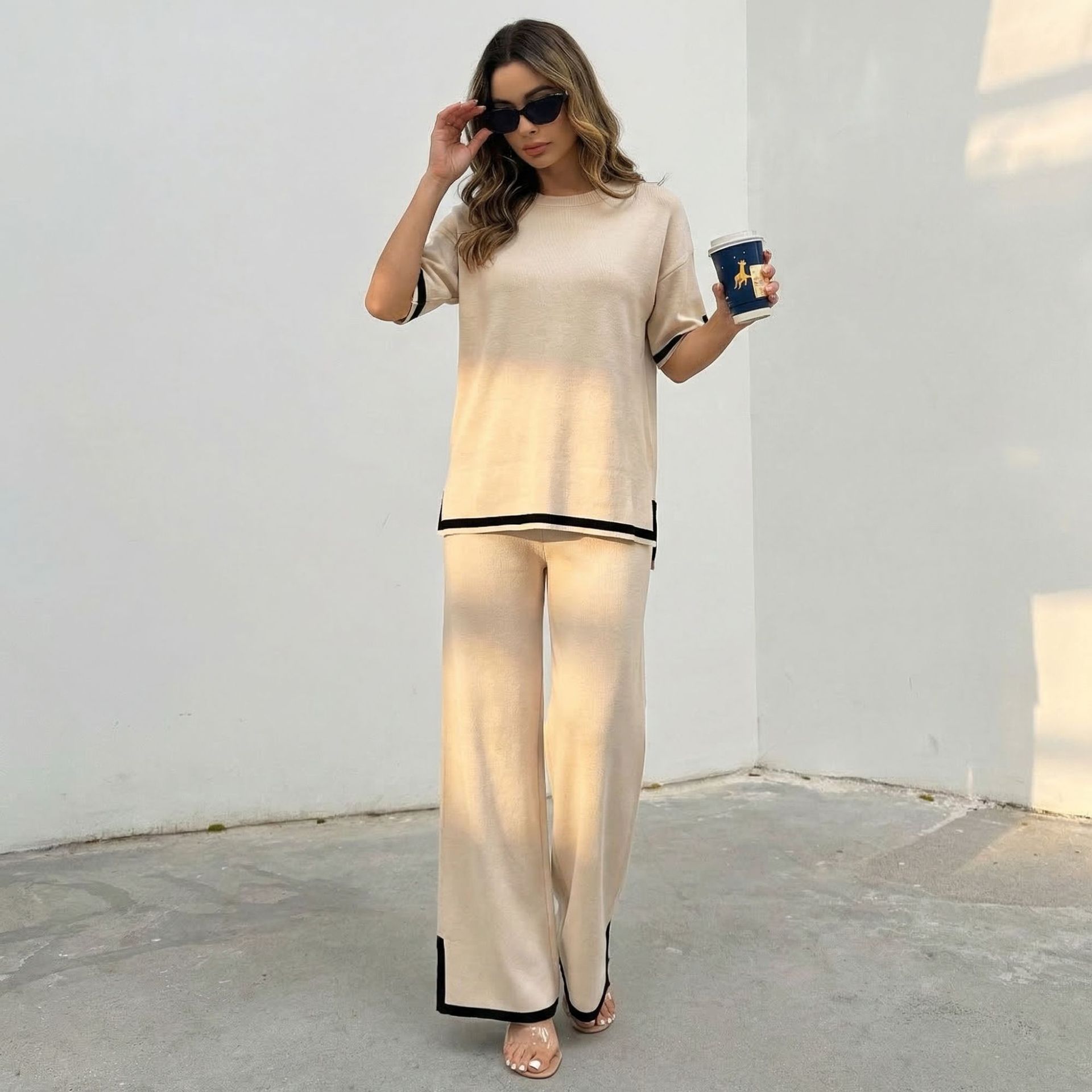 Cross border fashion suit temperament contrasting color split short sleeved sweater+ Waist slimming wide leg pants long pants two-piece set for women Cross border fashion suit temperament contrasting color split short sleeved sweater+ Waist slimming wide leg pants long pants two-piece set for women