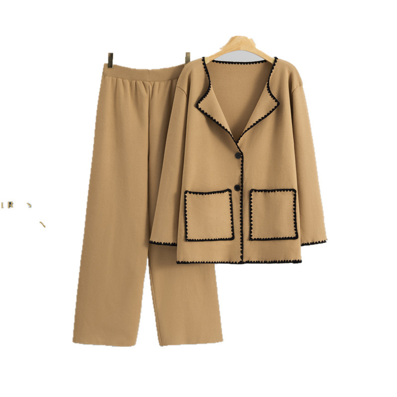 Cross border foreign trade temperament design sense contrasting striped knitted cardigan mid length jacket women's western-style loose wide leg pants Cross border foreign trade temperament design sense contrasting striped knitted cardigan mid length jacket women's western-style loose wide leg pants