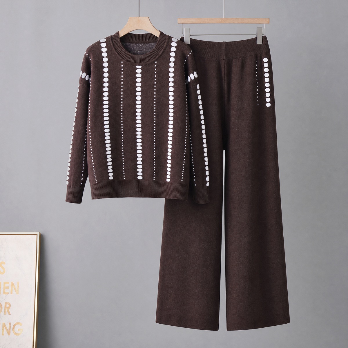 Cross border foreign trade solid color temperament knitted two-piece round neck pocket sweater+loose casual wide leg pants set for women