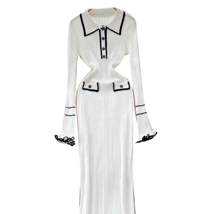 French retro small fragrant style dress, women's fashion contrasting color lapel long sleeved slim fit knit skirt, knee length long skirt French retro small fragrant style dress, women's fashion contrasting color lapel long sleeved slim fit knit skirt, knee length long skirt