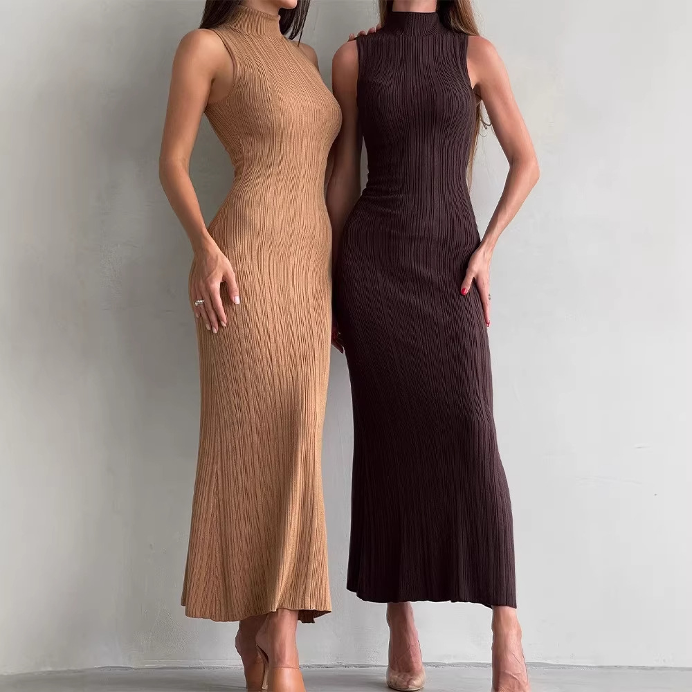 Ladies' European and American style fashion solid color high neck sleeveless tight fitting spring and summer new collection waist bag hip long dress