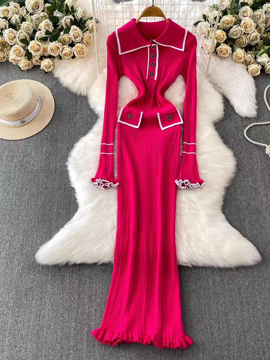French retro small fragrant style dress, women's fashion contrasting color lapel long sleeved slim fit knit skirt, knee length long skirt