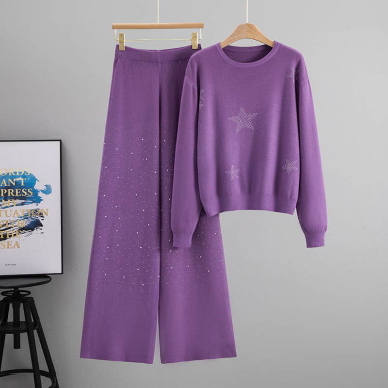 Cross border European and American autumn and winter new style rhinestone round neck casual sports long sleeved two-piece set fashionable age reducing sportswear for women