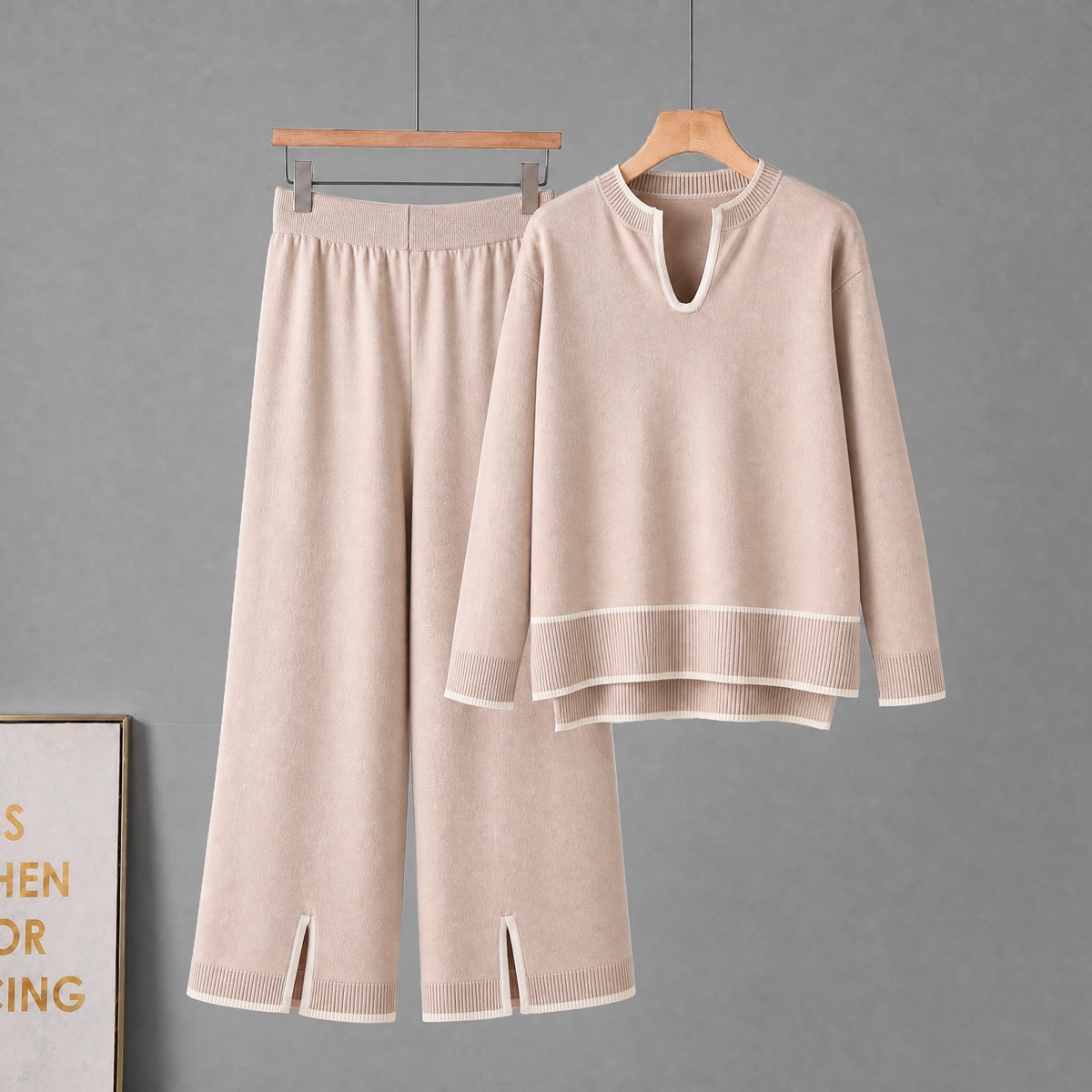 Cross border autumn and winter women's clothing U-shaped collar long sleeved knitted sweater set with split wide leg pants knitted two-piece set for women Cross border autumn and winter women's clothing U-shaped collar long sleeved knitted sweater set with split wide leg pants knitted two-piece set for women