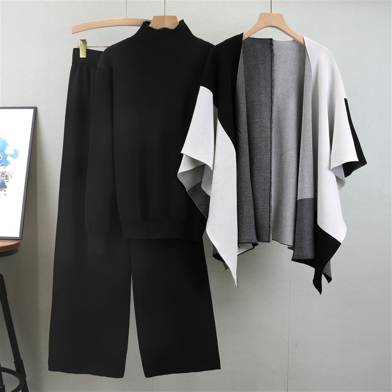 Leisure suit for women in spring and autumn, with a new style of elegant socialite and lazy style. Knitted sweater, shawl, cloak, wide leg pants, three piece set Leisure suit for women in spring and autumn, with a new style of elegant socialite and lazy style. Knitted sweater, shawl, cloak, wide leg pants, three piece set