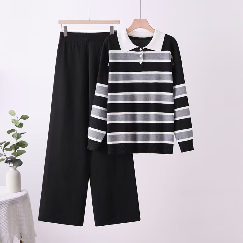 Cross border Korean contrasting striped base shirt polo collar lapel knit top wide leg pants two-piece set Cross border Korean contrasting striped base shirt polo collar lapel knit top wide leg pants two-piece set