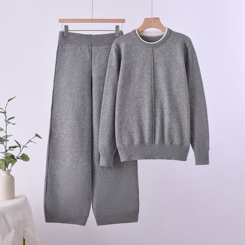 Cross border 2025 Autumn/Winter New Knitted Sweater Loose Two Piece Set, Elegant and Casual Wide Leg Pants Set