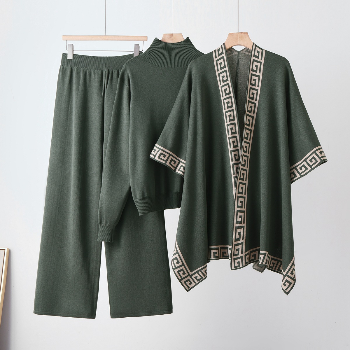 26 year cross-border loose and lazy mid neck pullover knitted sweater paired with a shawl cloak jacket and wide leg pants three piece set 26 year cross-border loose and lazy mid neck pullover knitted sweater paired with a shawl cloak jacket and wide leg pants three piece set