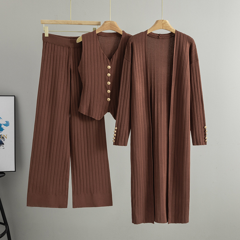 Cross border Russian fashion suit women's V-neck sleeveless vest casual jacket wide leg pants knitted three piece set for spring and autumn