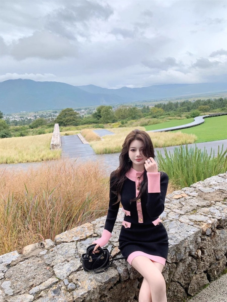 Korean autumn small fragrance retro high-end fashion versatile niche slim fit long sleeved knitted dress for women Korean autumn small fragrance retro high-end fashion versatile niche slim fit long sleeved knitted dress for women