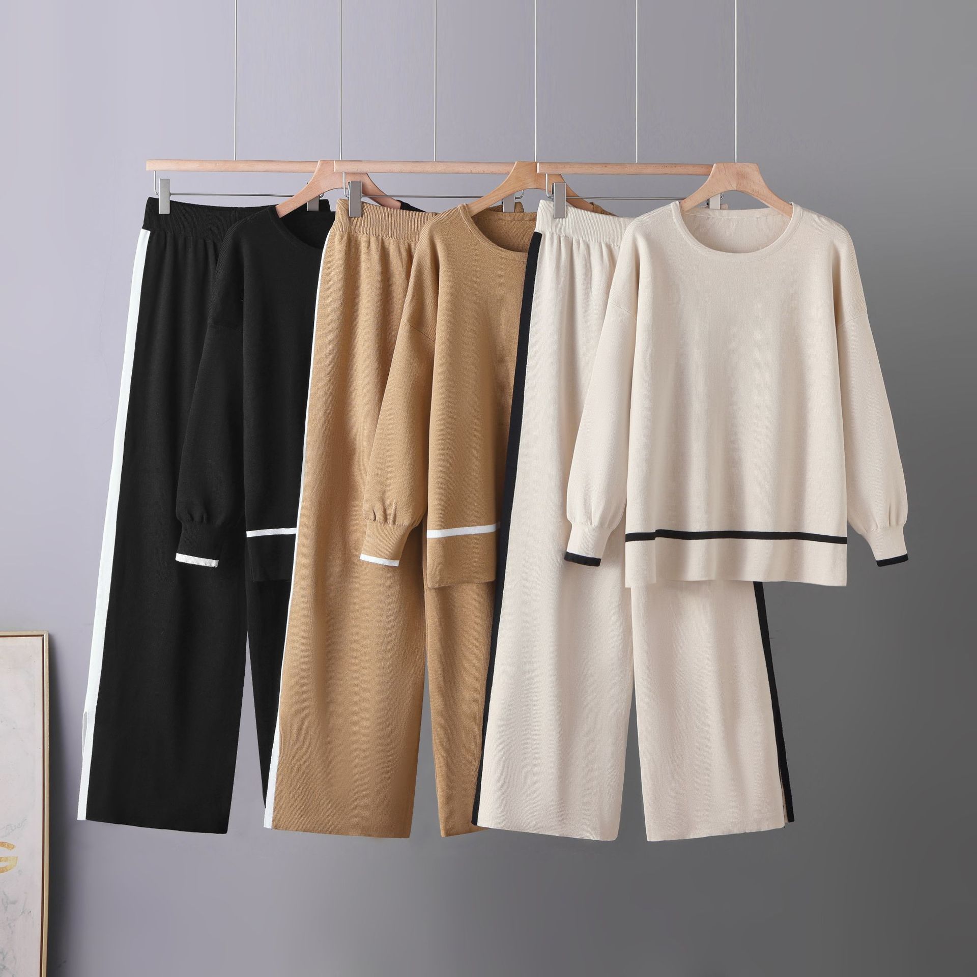 Cross border Amazon Hot Knitted Set for Women in Spring and Autumn, Long Sleeve Split Wide Leg Pants, Sweater Two Piece Set Cross border Amazon Hot Knitted Set for Women in Spring and Autumn, Long Sleeve Split Wide Leg Pants, Sweater Two Piece Set