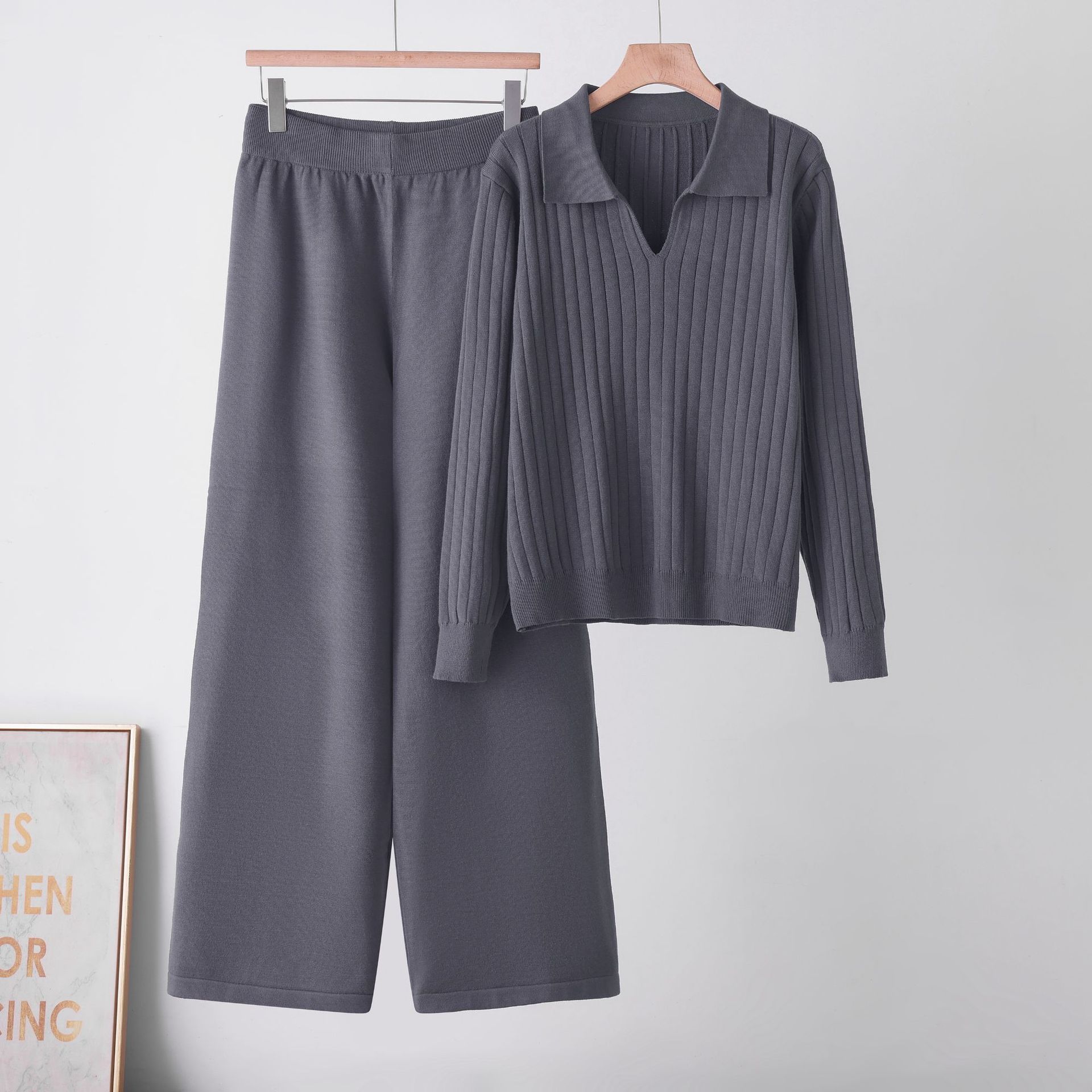 2026 Autumn/Winter New Solid Color Polo Collar Sweater Set for Women, Fashionable, Slim, Versatile, Casual Knitwear, Straight Pants