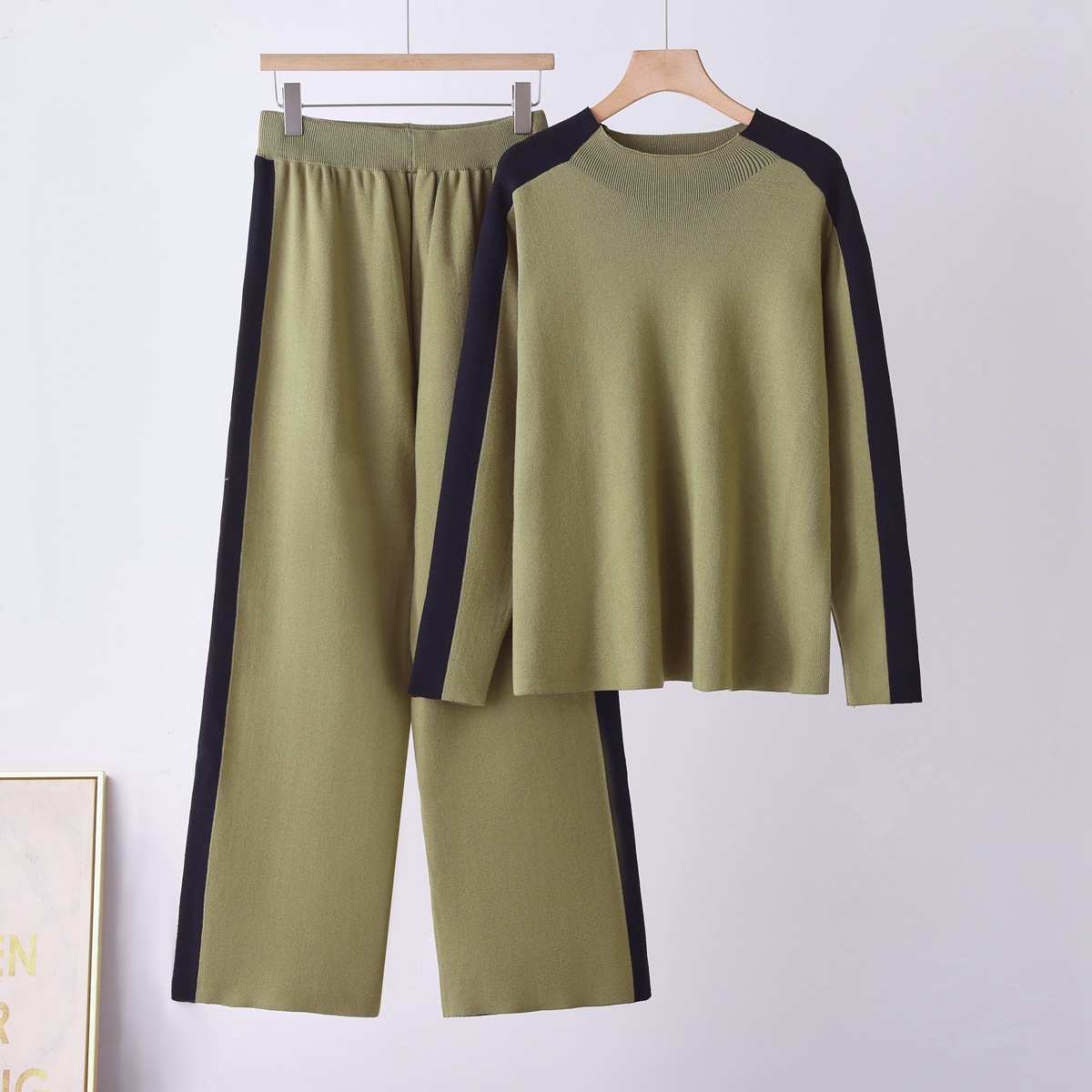 Cross border foreign trade new fashionable loose and slim knit sweater, women's high waisted contrasting wide leg pants two-piece set Cross border foreign trade new fashionable loose and slim knit sweater, women's high waisted contrasting wide leg pants two-piece set