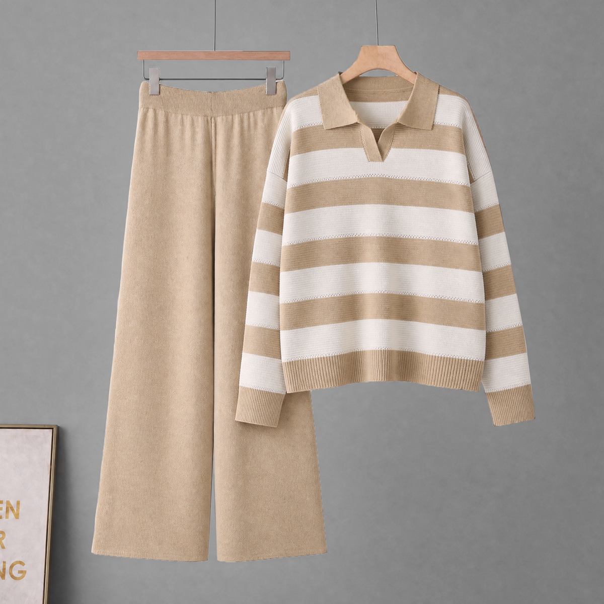 2026 Cross border Foreign Trade Retro Lazy Style Premium Soft Sticky Loose Stripe Collar Fashion Knitted Two Piece Set 2026 Cross border Foreign Trade Retro Lazy Style Premium Soft Sticky Loose Stripe Collar Fashion Knitted Two Piece Set