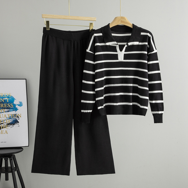 Cross border foreign trade contrasting striped V-neck niche design knitted sweater high waist wide leg pants two-piece set elegant temperament for women Cross border foreign trade contrasting striped V-neck niche design knitted sweater high waist wide leg pants two-piece set elegant temperament for women