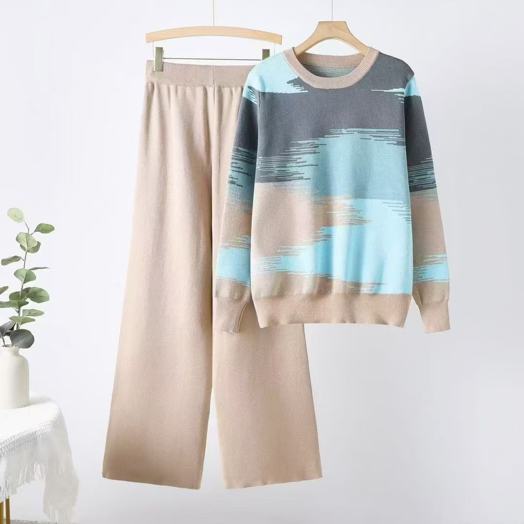 Cross border 2025 Spring and Autumn New Color blocked Round Neck Sweater Women's Set, Large Size for Slimming and Stylish Dressing, Knitted Two Piece Set Cross border 2025 Spring and Autumn New Color blocked Round Neck Sweater Women's Set, Large Size for Slimming and Stylish Dressing, Knitted Two Piece Set