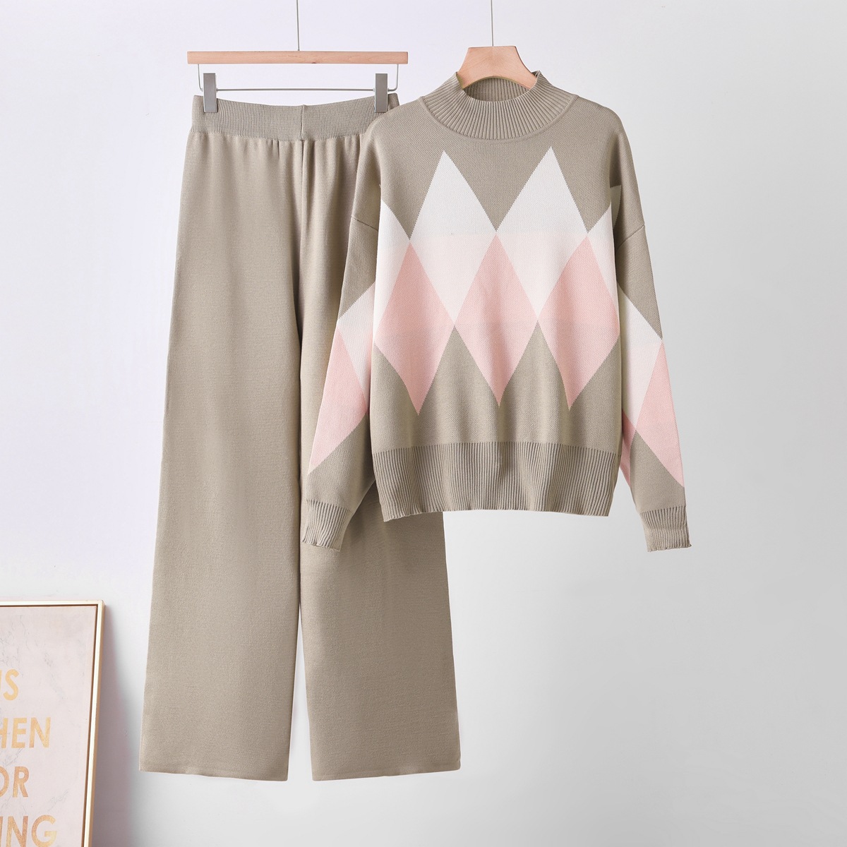 Cross border European and American fashion suit autumn and winter new loose round neck versatile sweater+casual wide leg pants two-piece set for women Cross border European and American fashion suit autumn and winter new loose round neck versatile sweater+casual wide leg pants two-piece set for women