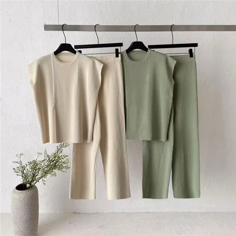 Cross border fashion knitted summer suit women's solid color extremely simple style sleeveless vest top casual high waisted wide leg pants Cross border fashion knitted summer suit women's solid color extremely simple style sleeveless vest top casual high waisted wide leg pants