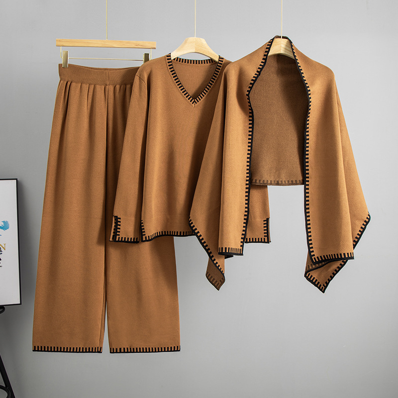 Cross border European and American style autumn and winter new fashion outfit shawl sweater wide leg pants knitted three piece set temperament set for women Cross border European and American style autumn and winter new fashion outfit shawl sweater wide leg pants knitted three piece set temperament set for women