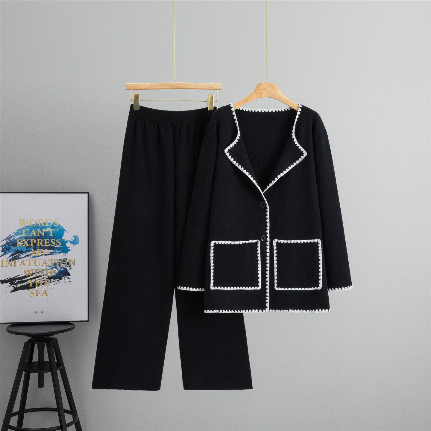 Cross border foreign trade temperament design sense contrasting striped knitted cardigan mid length jacket women's western-style loose wide leg pants Cross border foreign trade temperament design sense contrasting striped knitted cardigan mid length jacket women's western-style loose wide leg pants