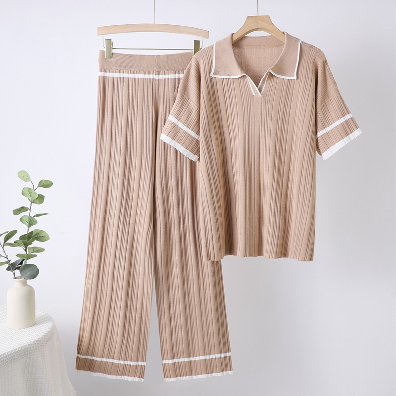2025 New Korean Summer Dress Polo Collar Short Sleeve Fashion Loose Top Look Thin High Waist Wide Leg Pants Set Cross 2025 New Korean Summer Dress Polo Collar Short Sleeve Fashion Loose Top Look Thin High Waist Wide Leg Pants Set Cross