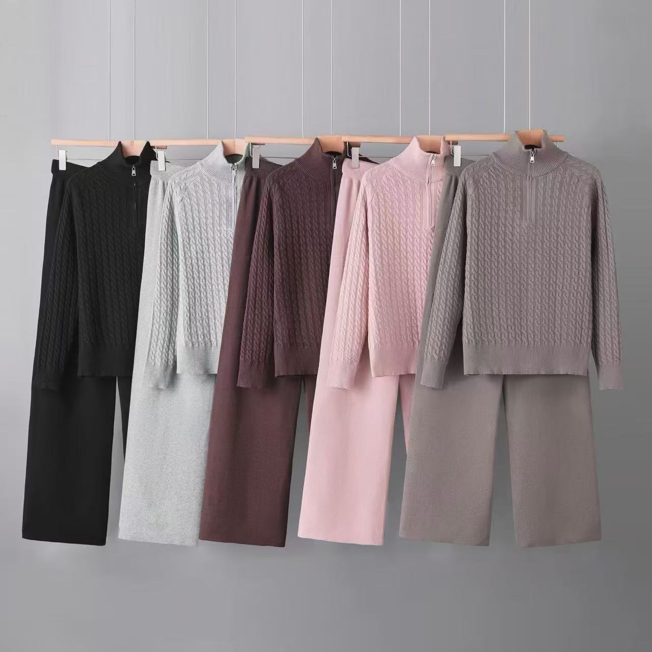 Minimalist Knitted Two Piece Set with Half Zipper, High Collar, Loose Long Sleeve Top, High Waist, Wide Leg Pants, Stylish Commuter Set