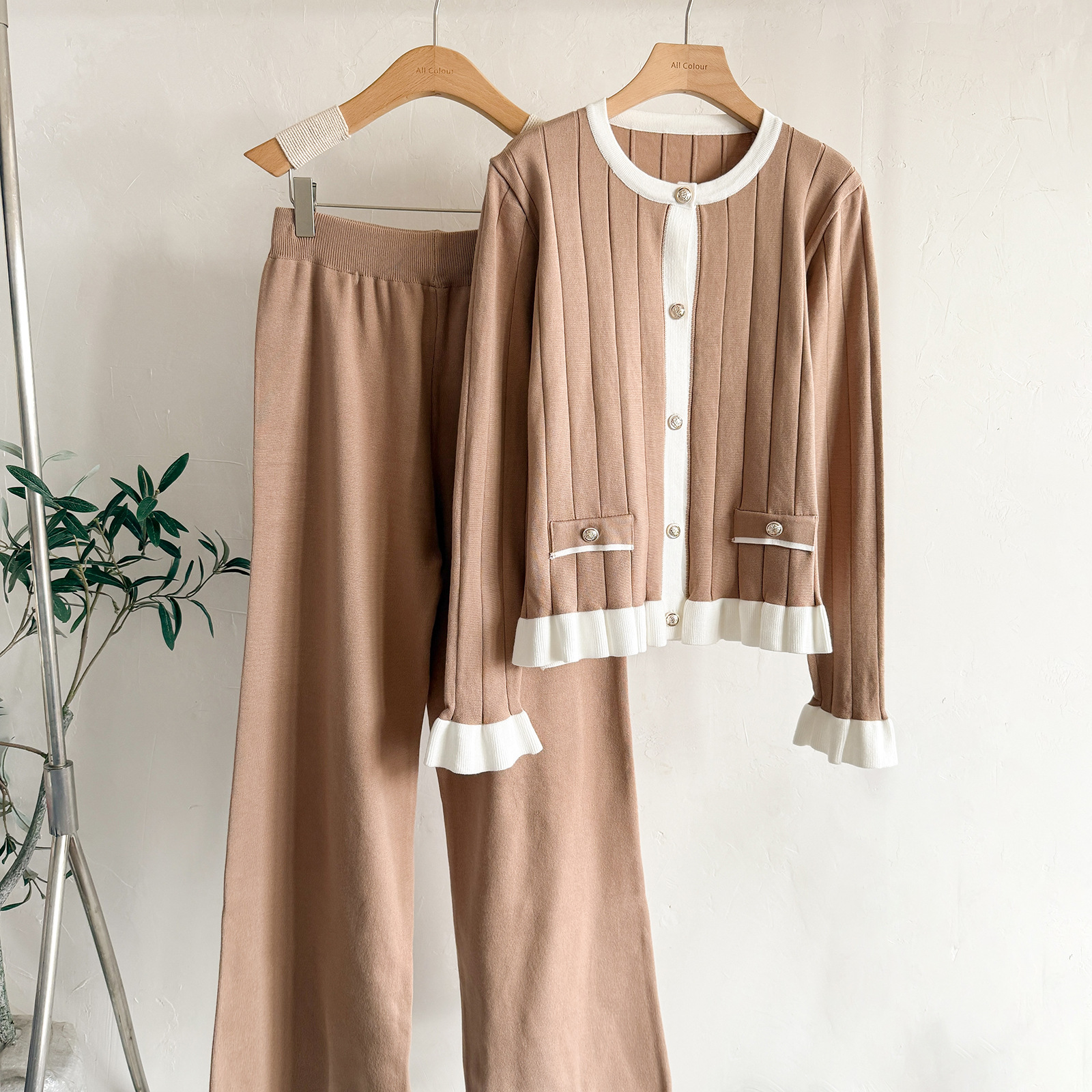 Cross border European Station Autumn and Winter Horn Long Sleeve Knitted Cardigan Set for Women's Fashion Wide Leg Pants, Style Two Piece Set, Trendy Cross border European Station Autumn and Winter Horn Long Sleeve Knitted Cardigan Set for Women's Fashion Wide Leg Pants, Style Two Piece Set, Trendy