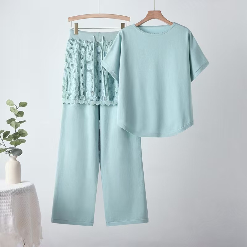 Cross border 2026 summer new style casual and gentle style set for women, loose and slim knit wide leg pants, two pieces Cross border 2026 summer new style casual and gentle style set for women, loose and slim knit wide leg pants, two pieces