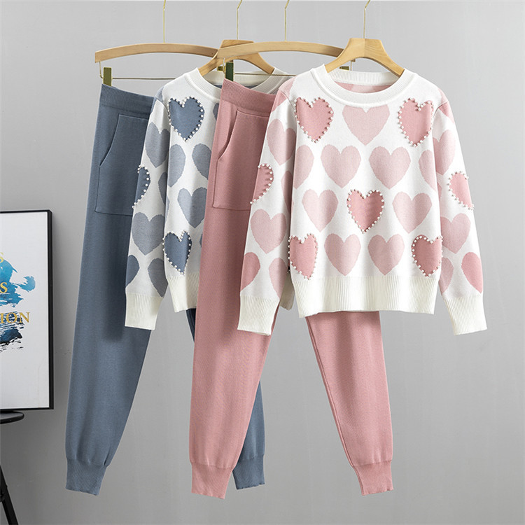 European Station Spring and Autumn New Girl Fashion Love Jacquard Knitted Set European Products Nail Bead Sweater Two Piece Set Trendy