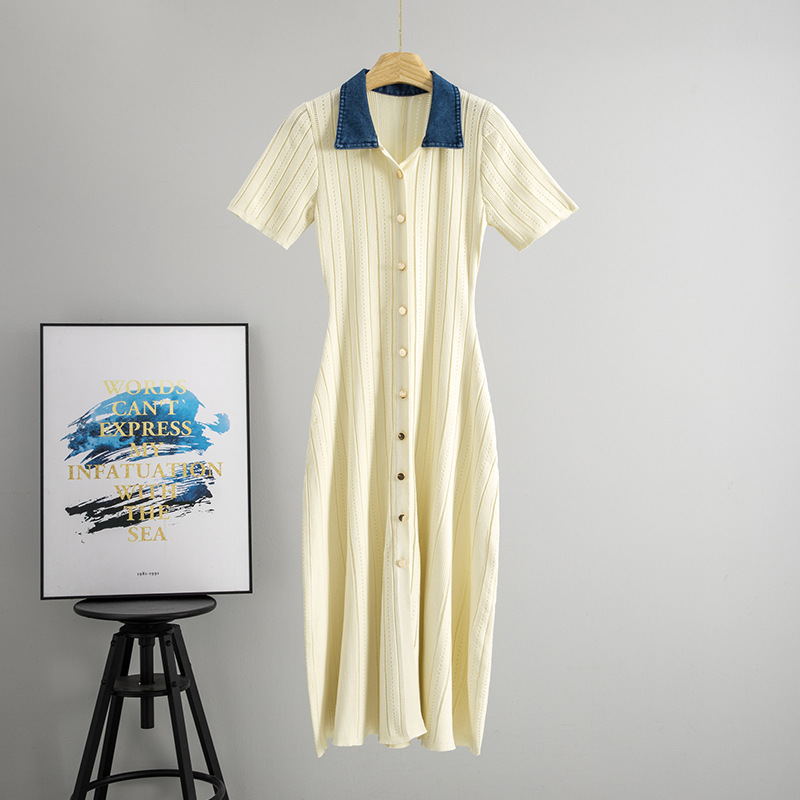 Cross border summer short sleeved denim patchwork dress with a women's lapel, hollowed out single breasted design, slim fit and slimming effect, exuding a mid length skirt temperament