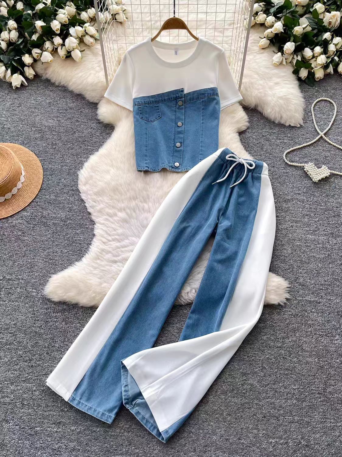 Hong Kong style retro patchwork denim lazy two-piece set for women's summer slimming, high waist, wide leg pants commuting temperament set