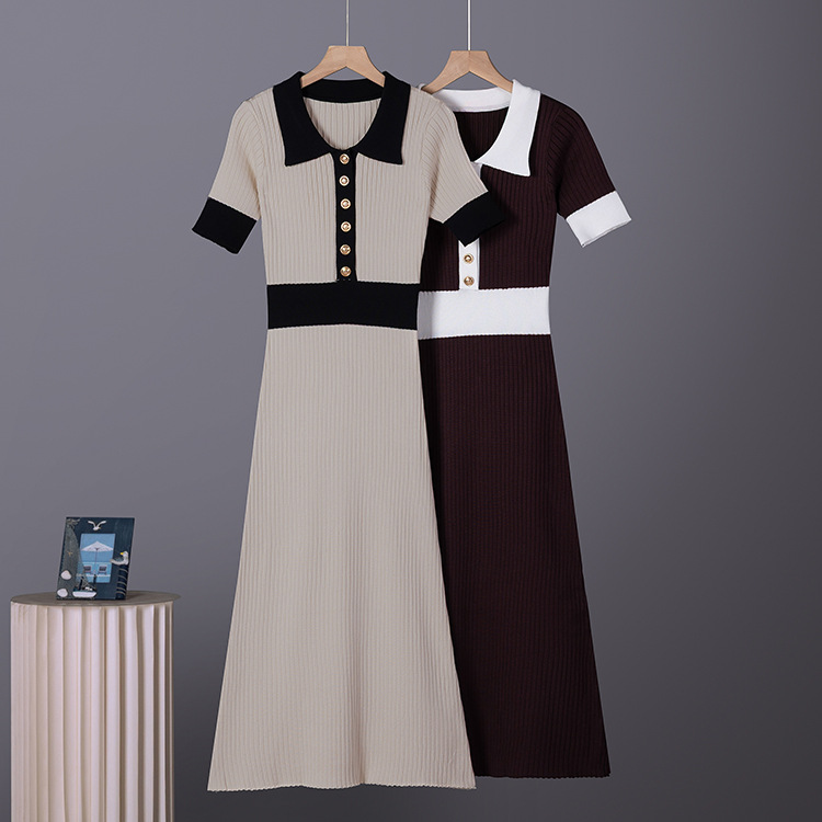 Cross border French retro contrasting polo collar short sleeved knitted dress for women in summer, with a small fragrance style and waist cinching slim fit sweater