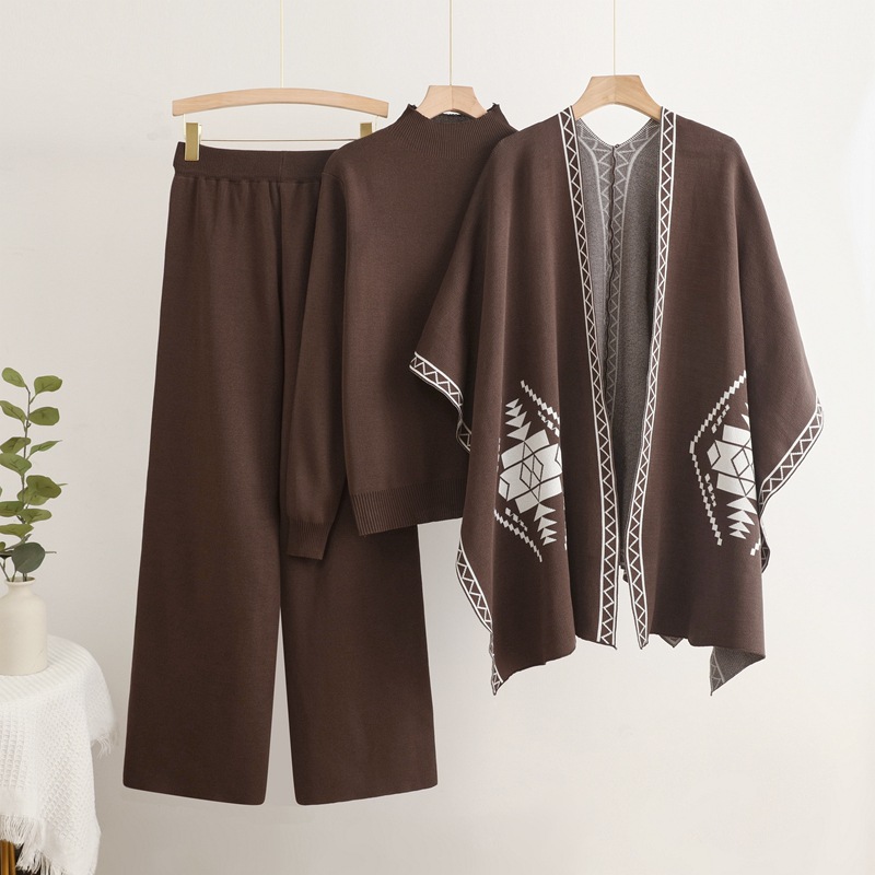 Cross border foreign trade loose and lazy mid neck pullover knitted sweater with shawl cloak jacket and wide leg pants three piece set Cross border foreign trade loose and lazy mid neck pullover knitted sweater with shawl cloak jacket and wide leg pants three piece set