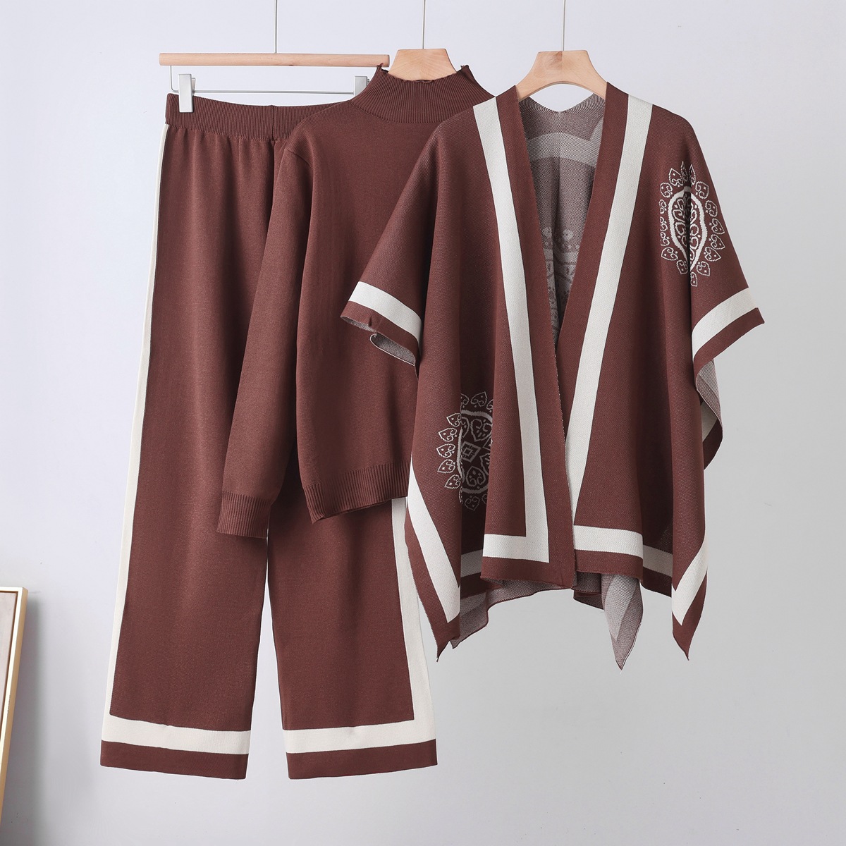 Cross border leisure suit women's autumn and winter new style temperament lazy style knitted sweater shawl cape wide leg pants three piece set Cross border leisure suit women's autumn and winter new style temperament lazy style knitted sweater shawl cape wide leg pants three piece set