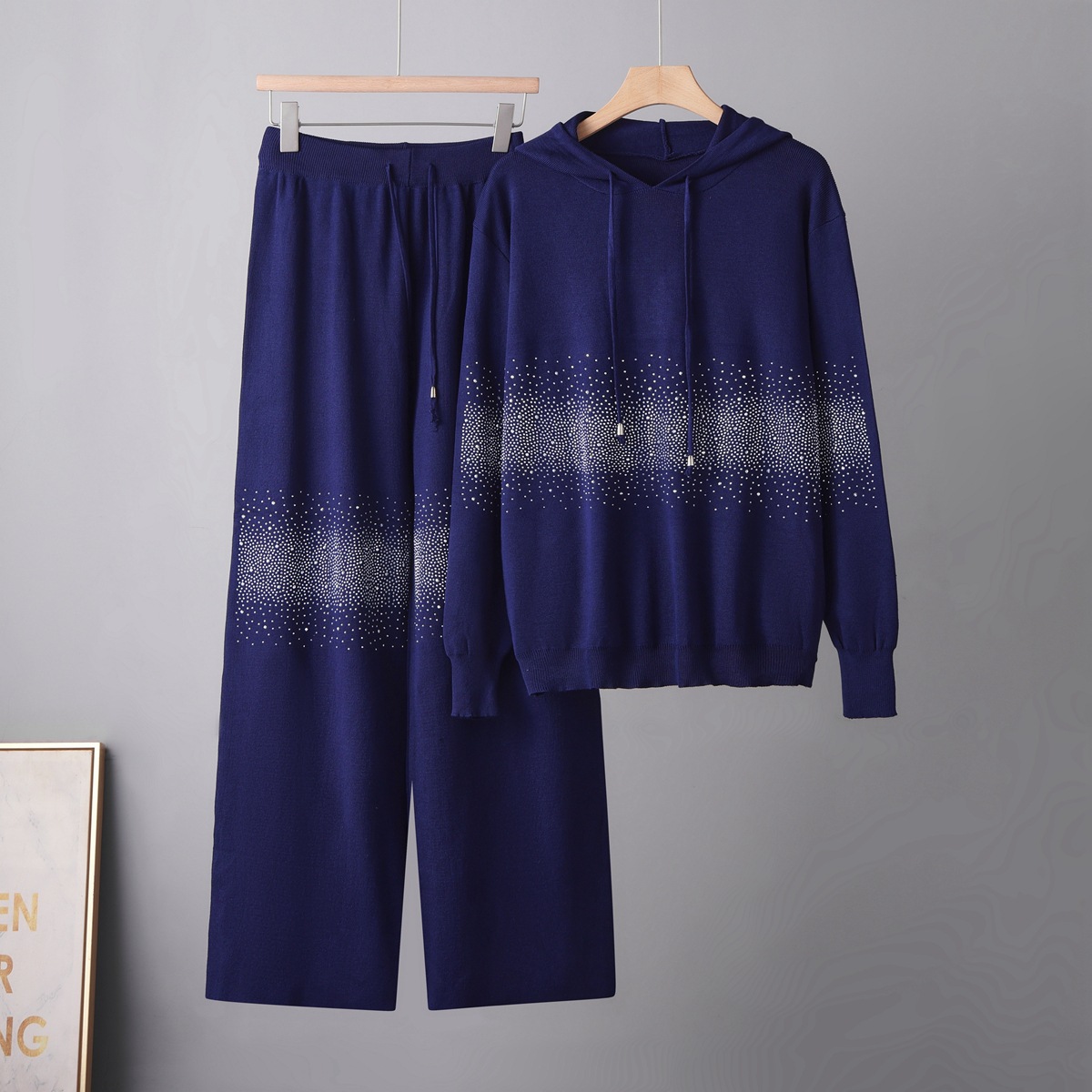 European Heavy Industry Design Feel Hot Diamond Loose Long Sleeve Hoodie Top+Elastic Waist Wide Leg Pants Set